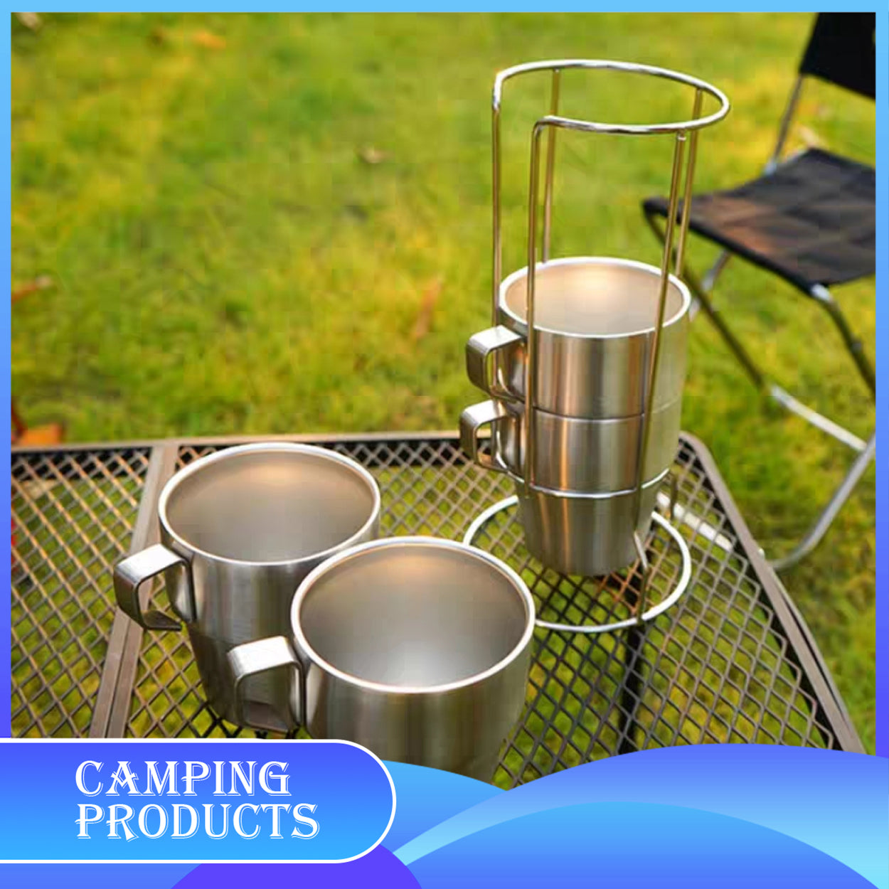 Stackable Stainless Steel Mug Set with Metal Stand