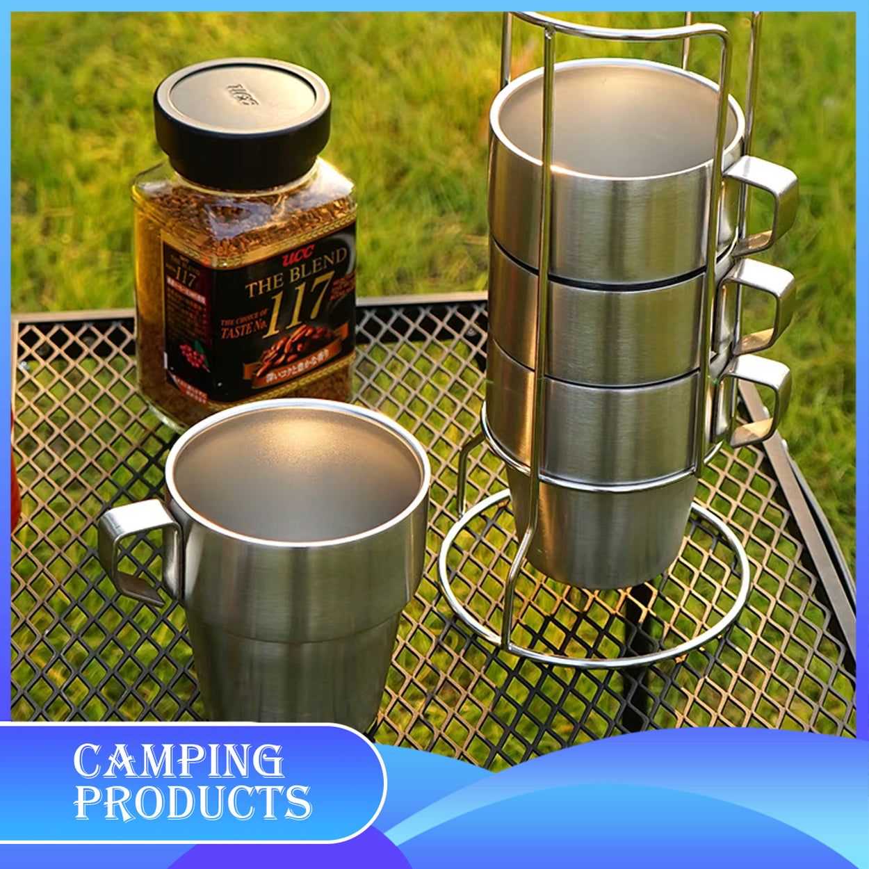 Stackable Stainless Steel Mug Set with Metal Stand