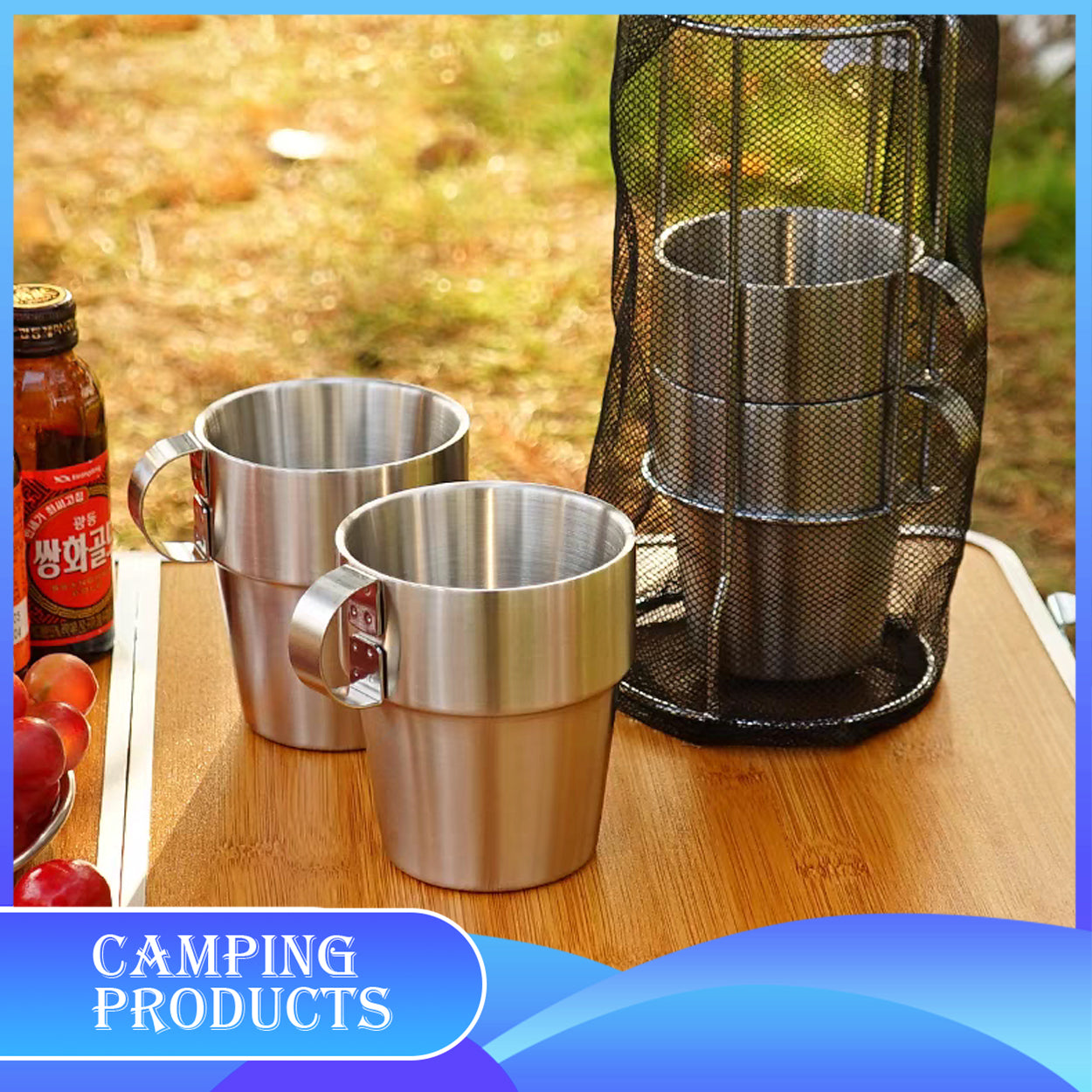 Stackable Stainless Steel Mug Set with Metal Stand