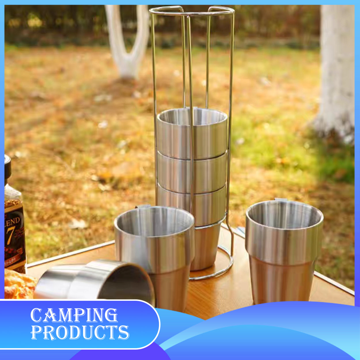 Stackable Stainless Steel Mug Set with Metal Stand