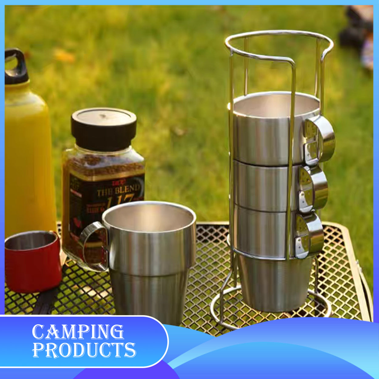 Stackable Stainless Steel Mug Set with Metal Stand