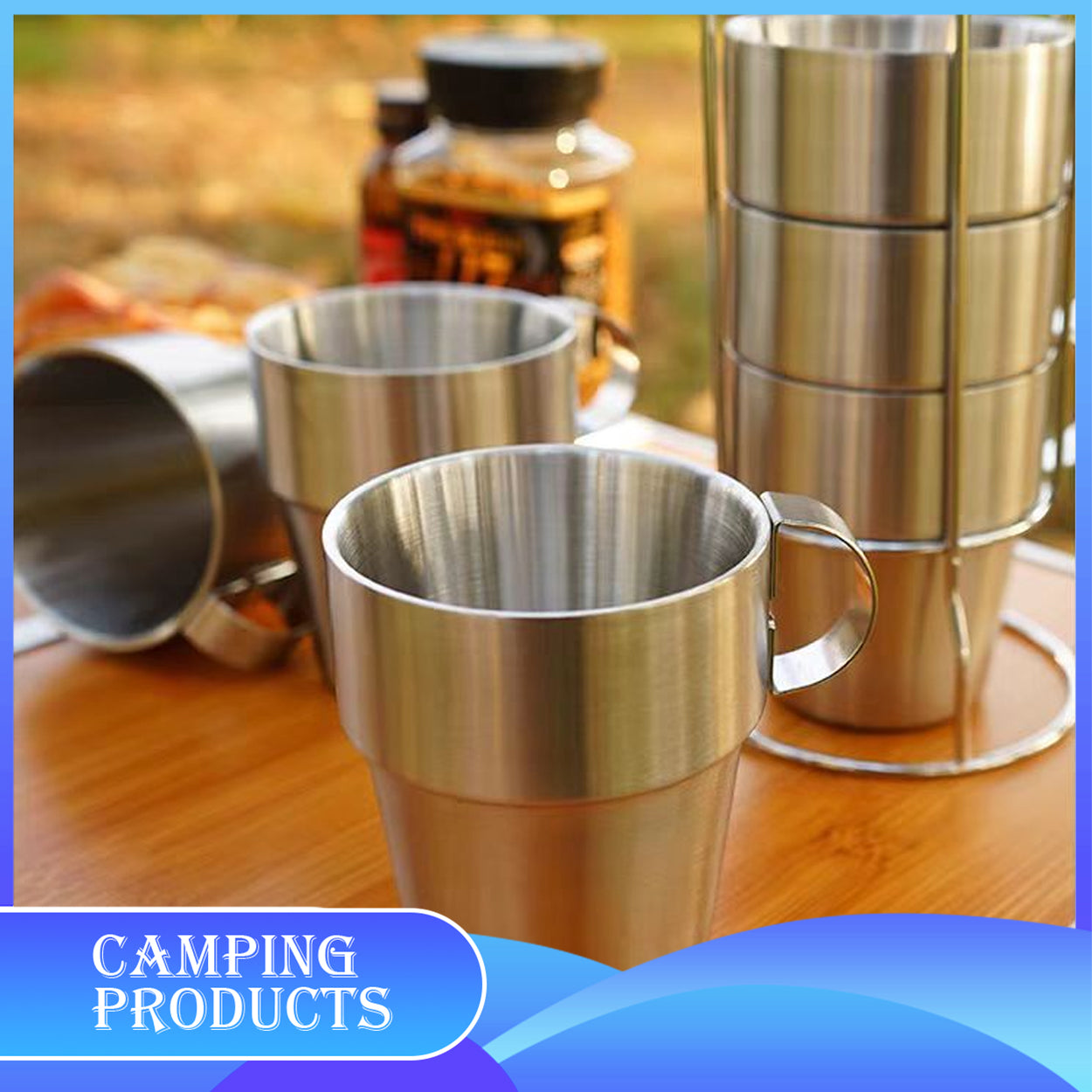Stackable Stainless Steel Mug Set with Metal Stand