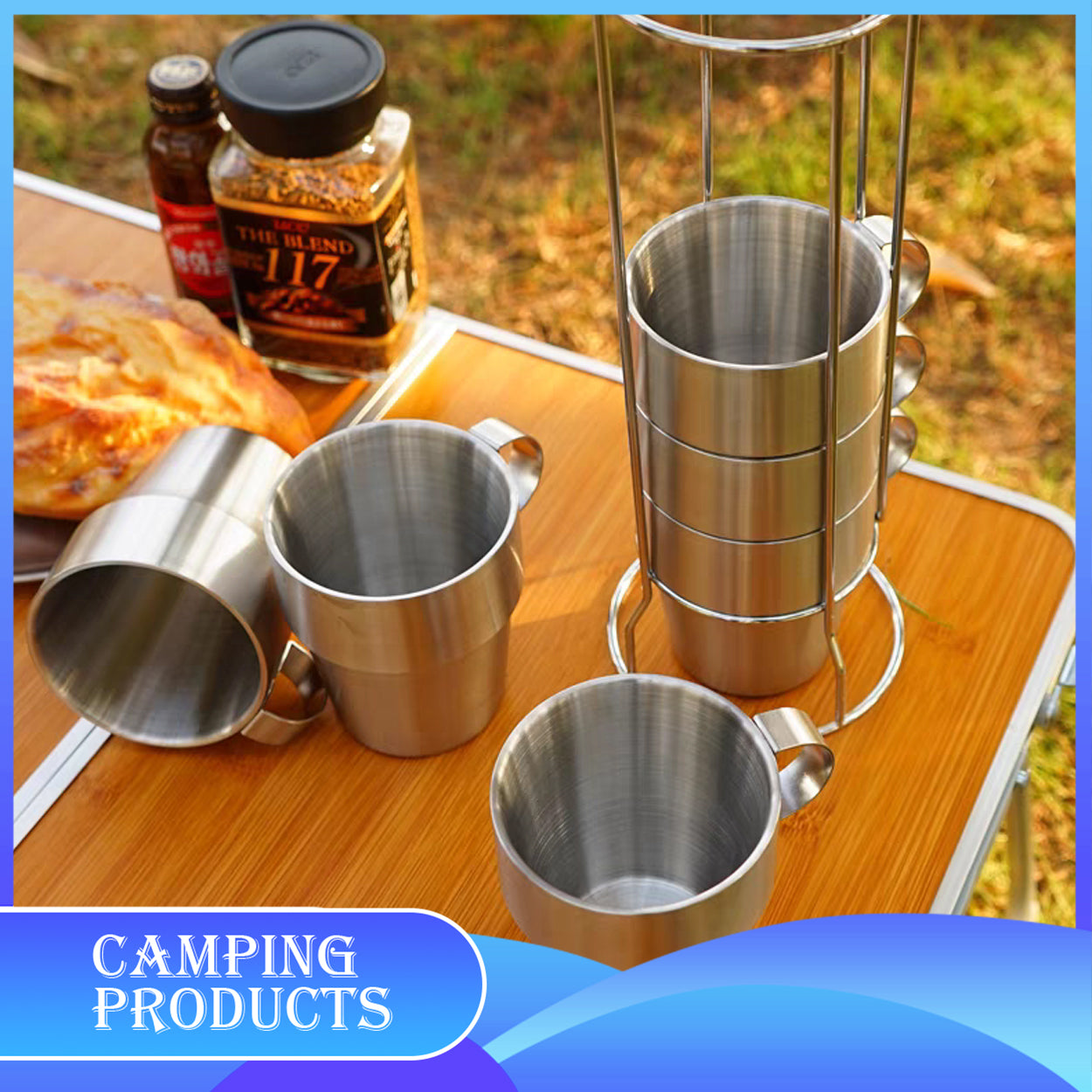 Stackable Stainless Steel Mug Set with Metal Stand