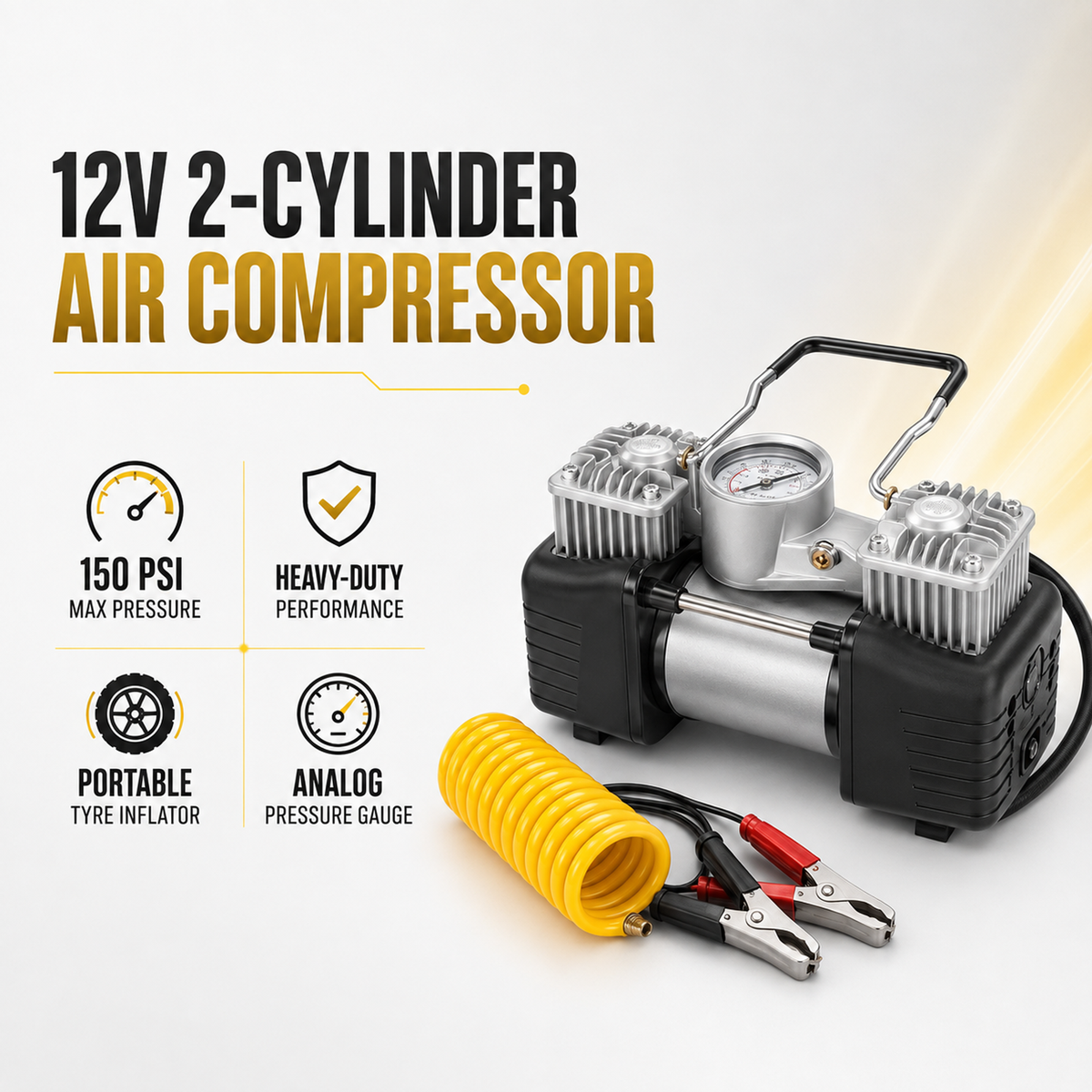 Car Tyre Inflator 12V-2 Cylinder Air Compressor Kit, 150 PSI