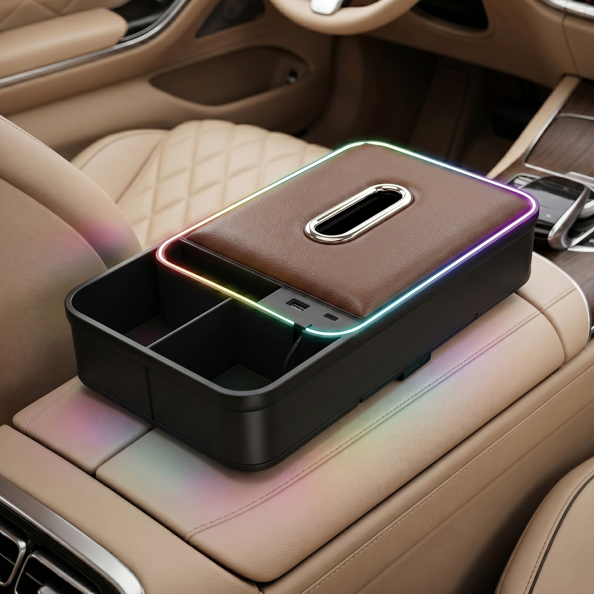 8-in-1 Car Armrest Storage Box with LED Light