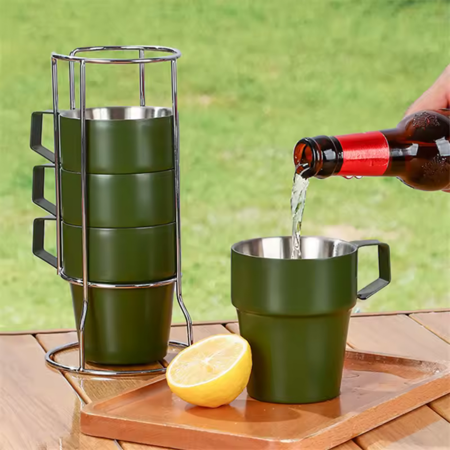 Stackable Stainless Steel Mug Set with Metal Stand