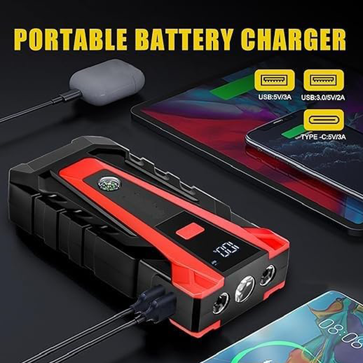 3-in-1 Portable Car Jump Starter with Power Bank & LED Flashlight