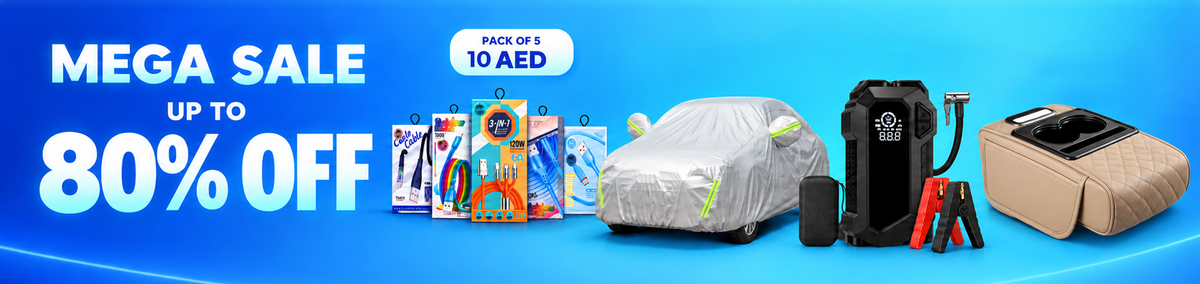 A promotional sale banner with large text reading 'MEGA SALE UP TO 80% OFF' on a bright blue background, alongside several products including packaged tools, a car cover, a black portable pump or charger, and a beige quilted seat or cushion. This is not a clean single-product listing image and functions as an ad/offer graphic, so subject_type is Other rather than Product/Packaging.