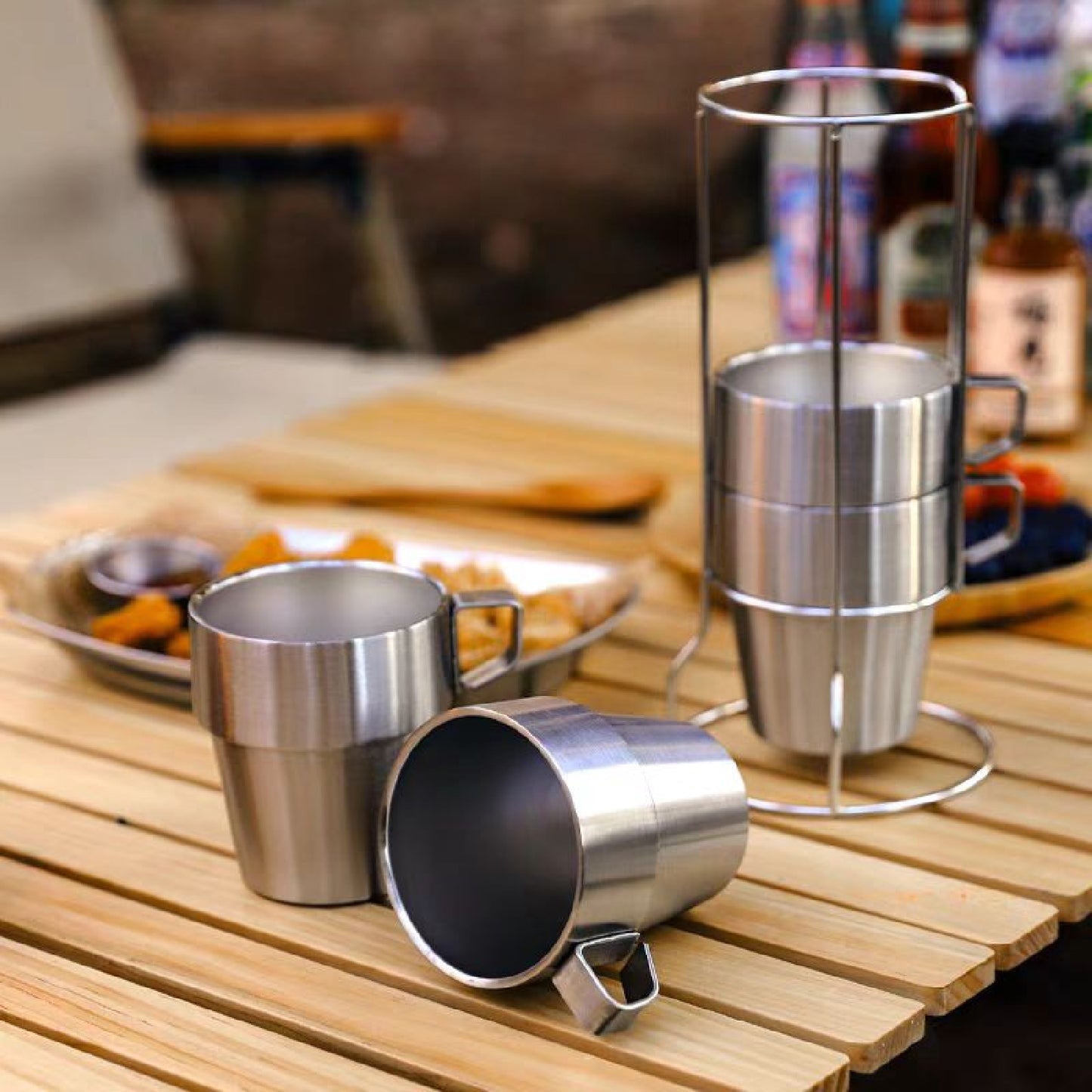 Stackable Stainless Steel Mug Set with Metal Stand