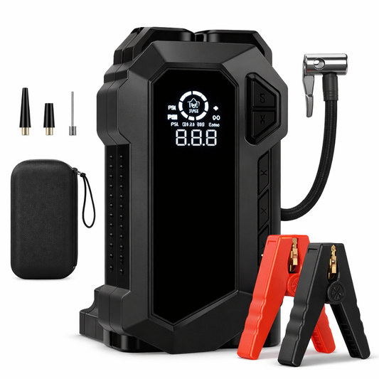 4-in-1 Portable Car Jump Starter with Digital Air Compressor, Power Bank & LED Flashlight