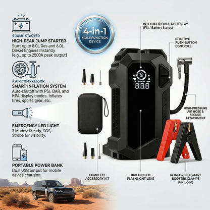 4-in-1 Portable Car Jump Starter with Digital Air Compressor, Power Bank & LED Flashlight