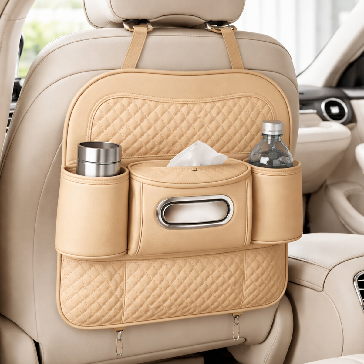 Car Back Seat Organizer with Tissue Box Holder & Cup Holders