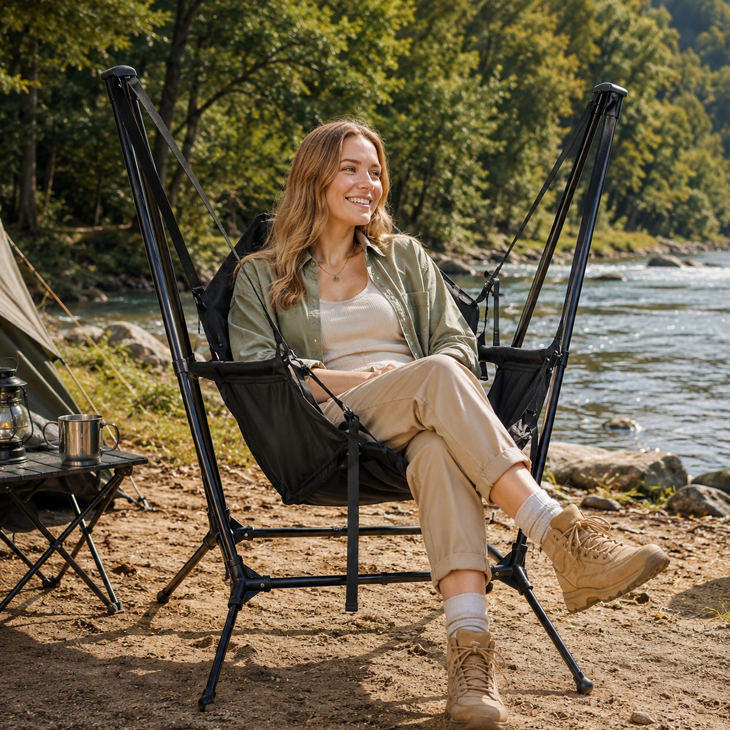 Portable Folding Hammock Camping Chair with Aluminum Frame & Carry Bag – Black
