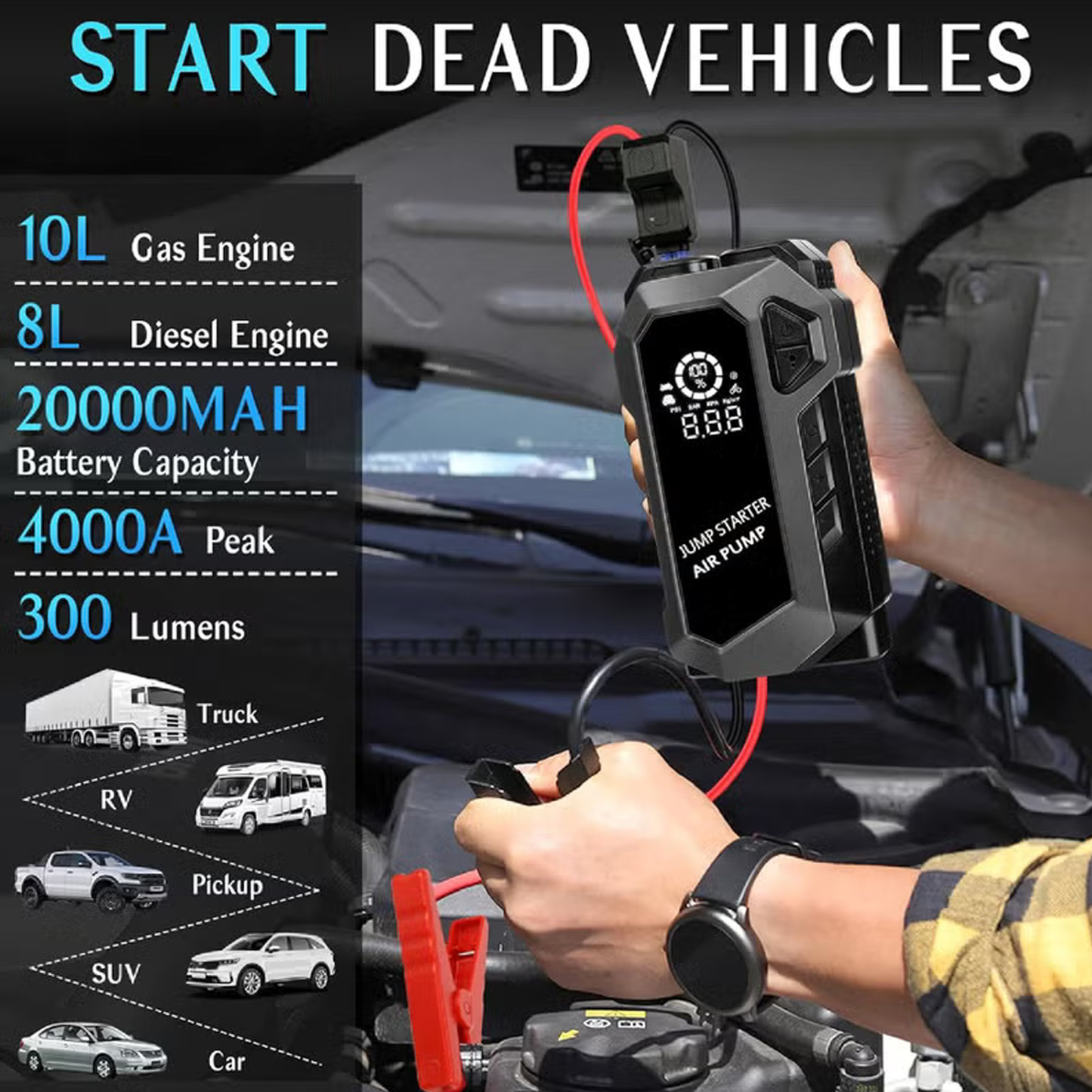 4-in-1 Portable Car Jump Starter with Digital Air Compressor, Power Bank & LED Flashlight