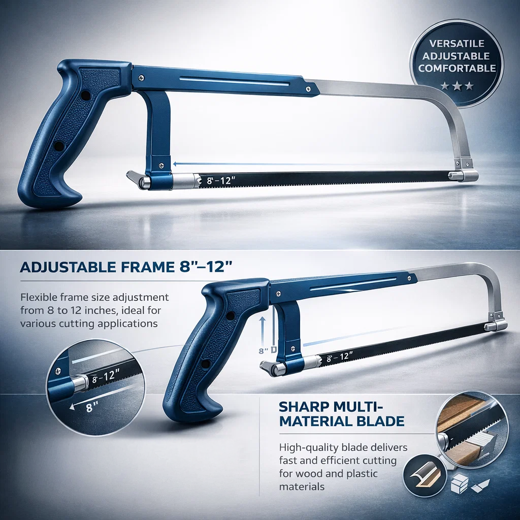 12" Adjustable Hand Hacksaw | Multi-Blade for Metal & Wood