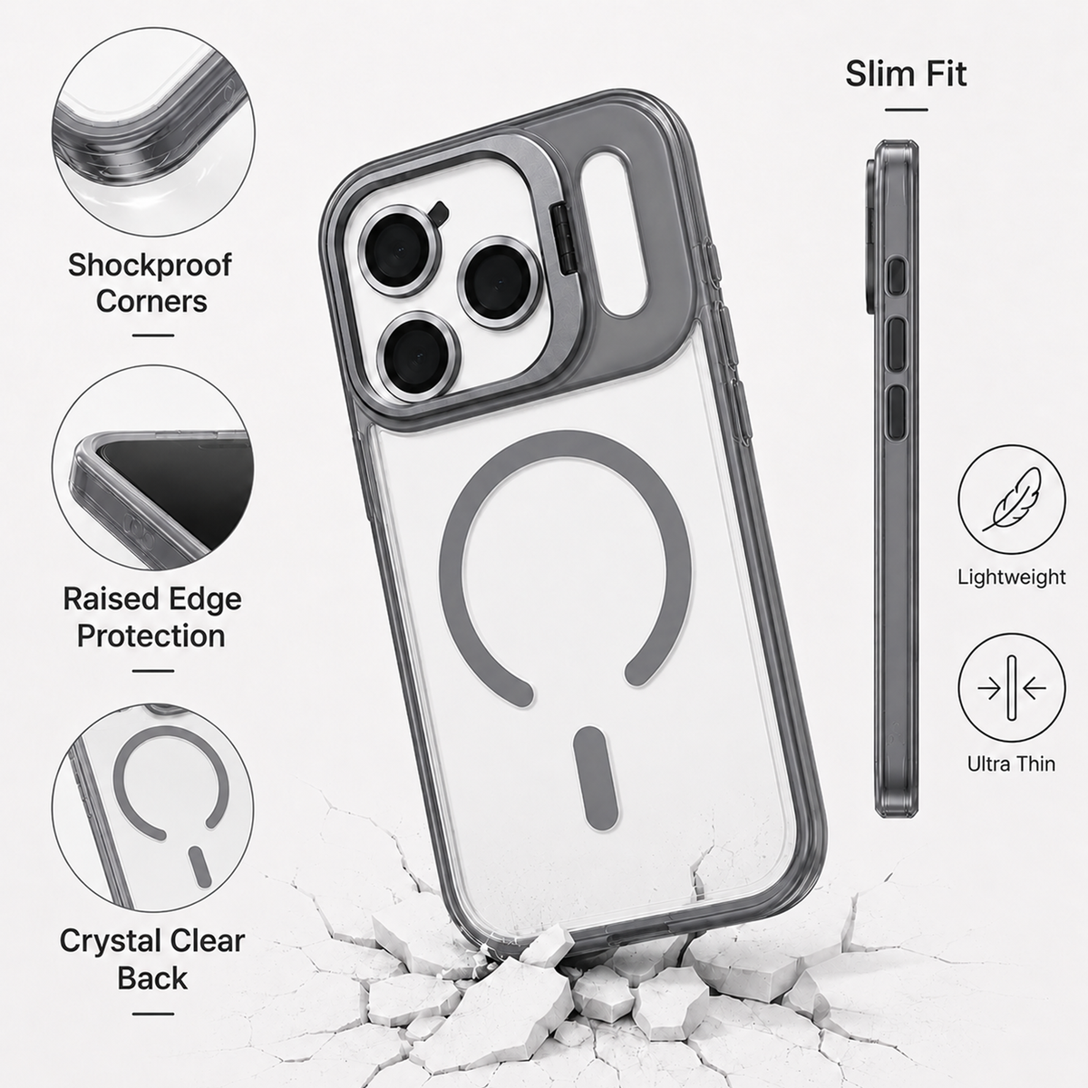 Magnetic Compatible Transparent Case with Kickstand for iPhone 17 Pro