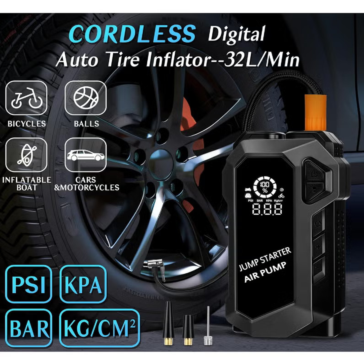 4-in-1 Portable Car Jump Starter with Digital Air Compressor, Power Bank & LED Flashlight