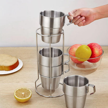 Stackable Stainless Steel Mug Set with Metal Stand