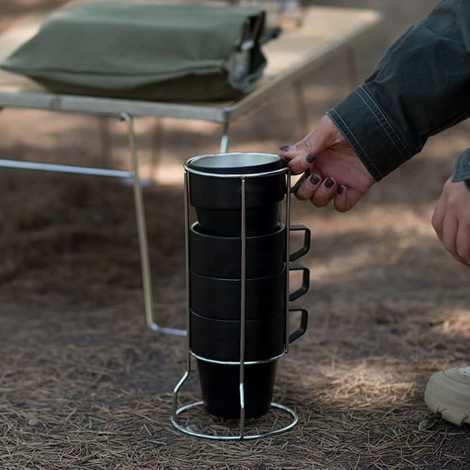 Stackable Stainless Steel Mug Set with Metal Stand