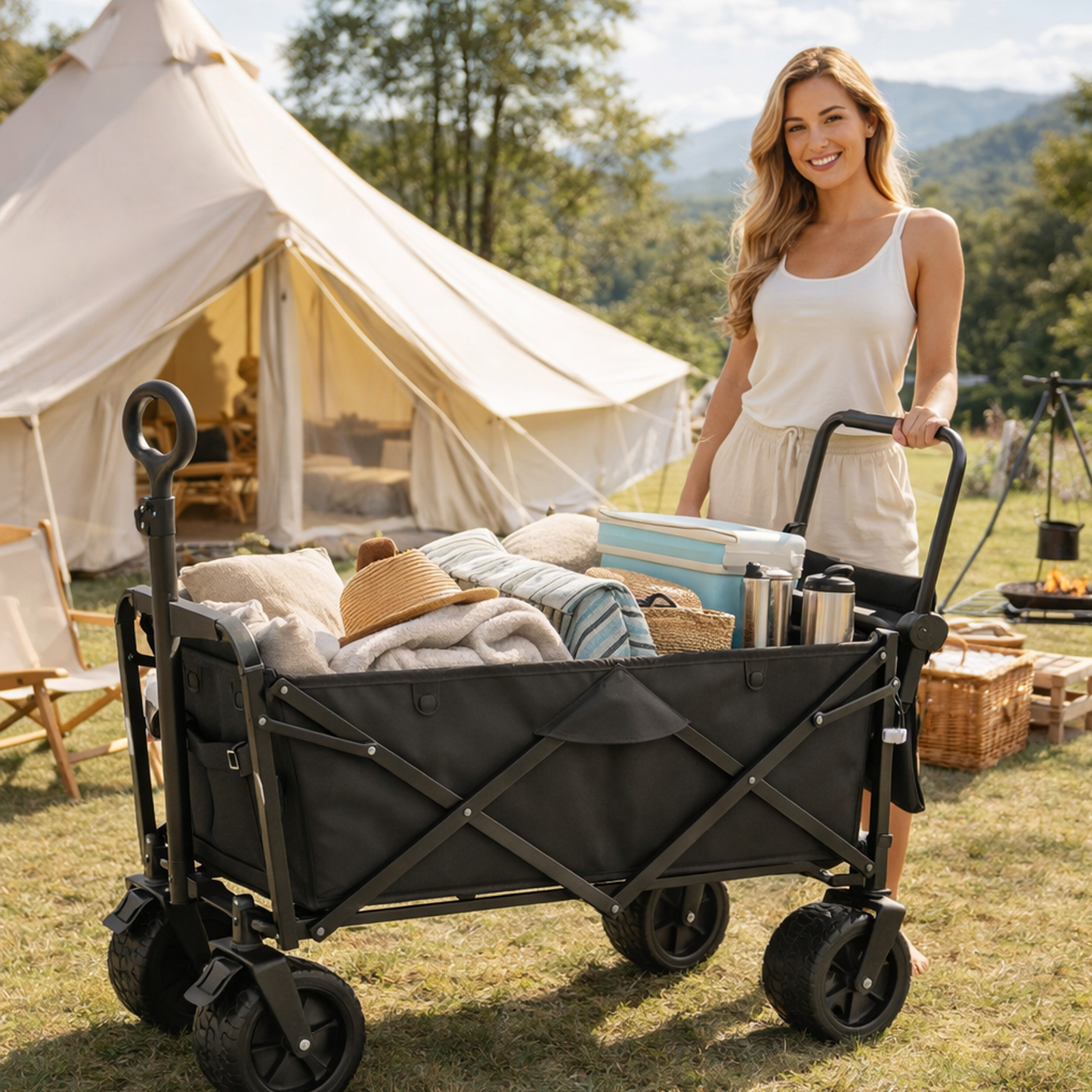 Collapsible Folding Camping Wagon with Locking System Tire, Portable Large Trolley cart, Bearing Heavy Capacity Beach Garden Shopping Carts & Stroller Wagon