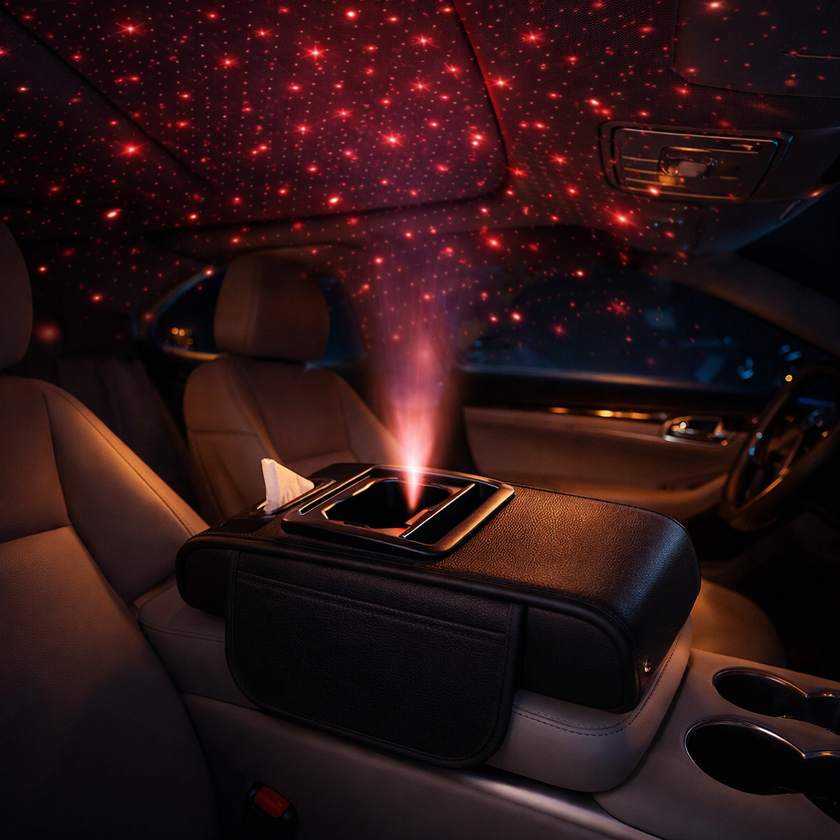 Car Armrest with Cup Holder, USB Charging & Laser Star Light