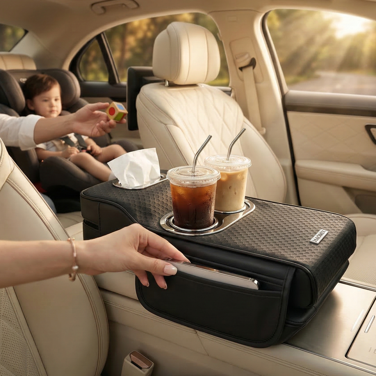 Car Armrest Heightening Pad with Cup Holder & Tissue Box