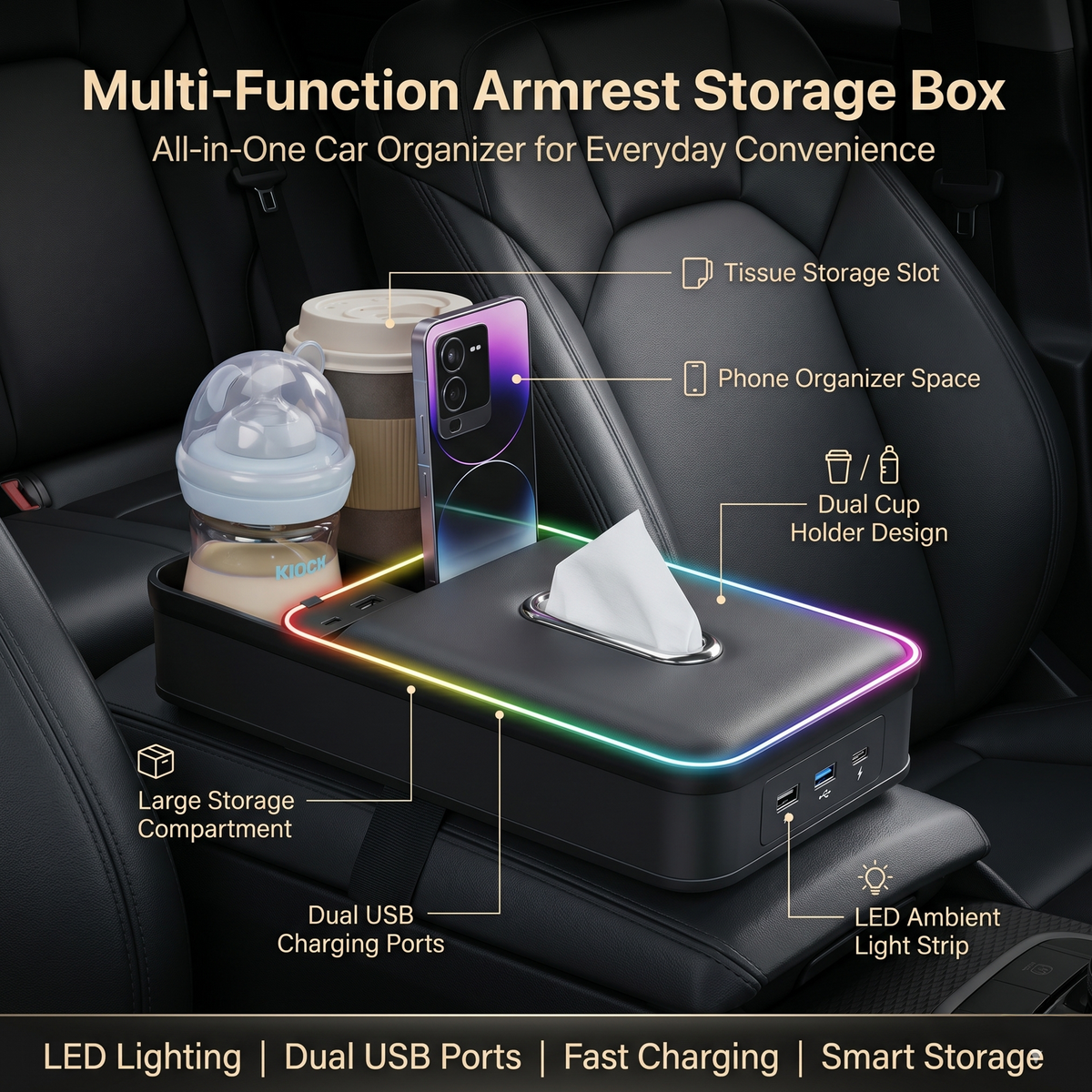 8-in-1 Car Armrest Storage Box with LED Light