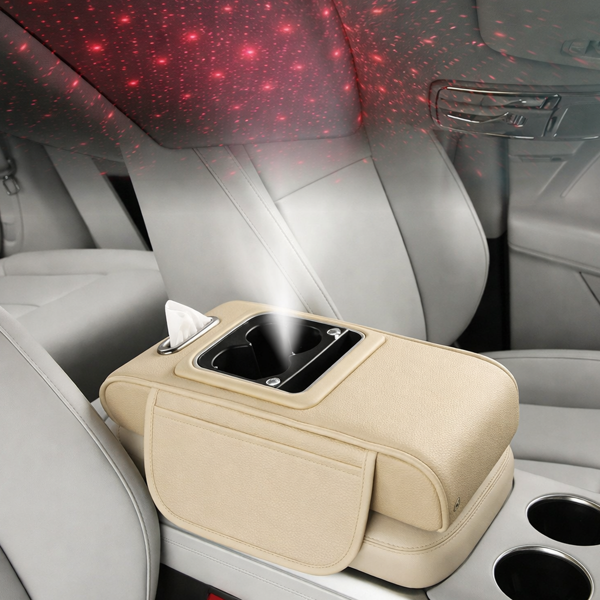 Car Armrest with Cup Holder, USB Charging & Laser Star Light