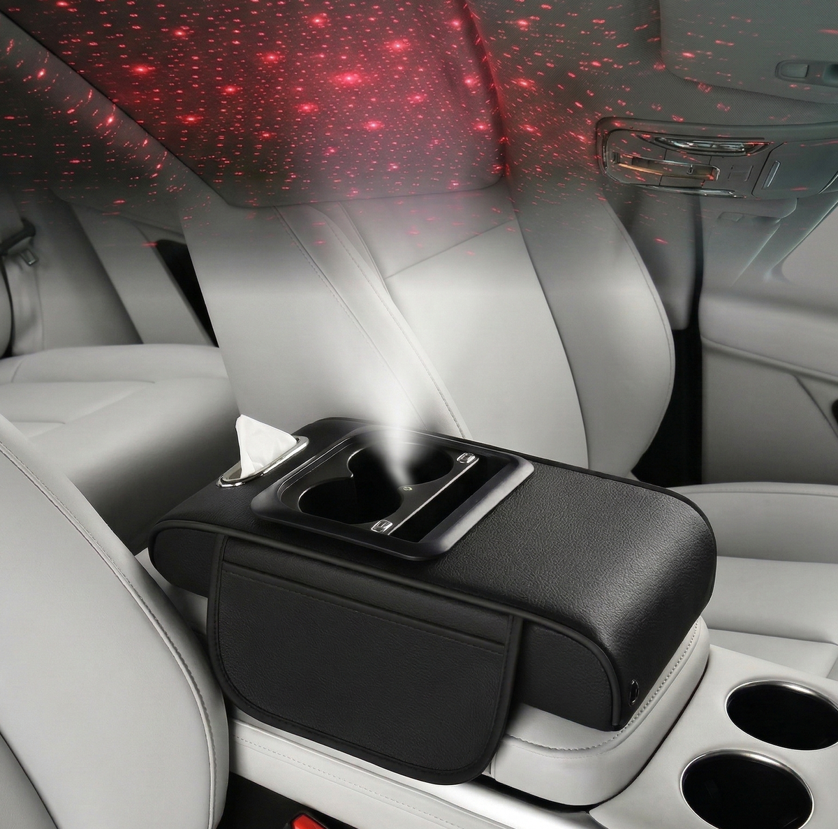 Car Armrest with Cup Holder, USB Charging & Laser Star Light