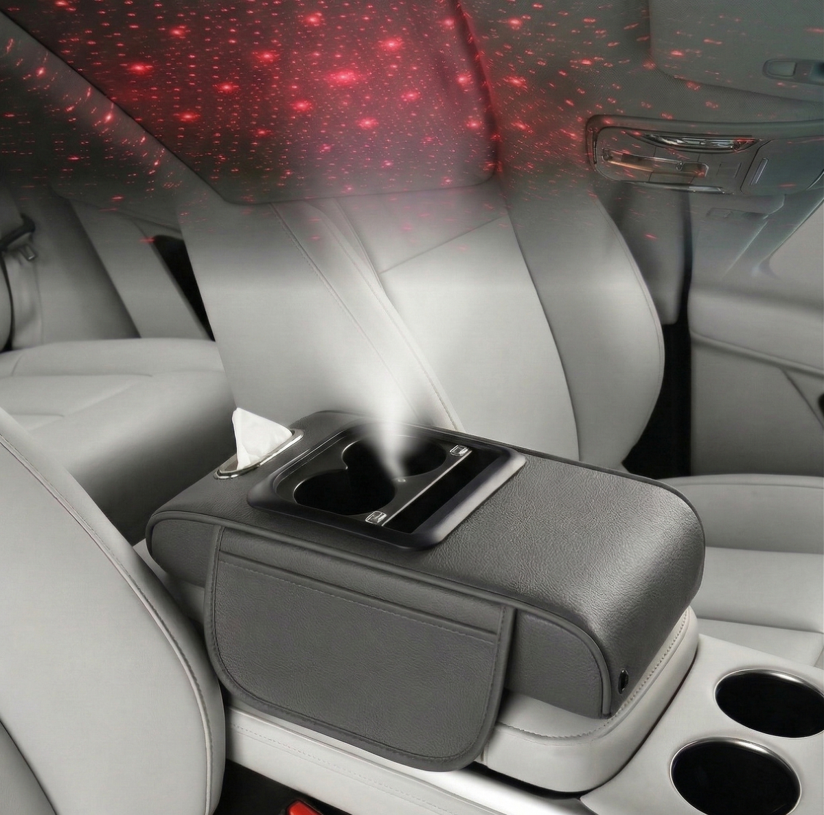 Car Armrest with Cup Holder, USB Charging & Laser Star Light