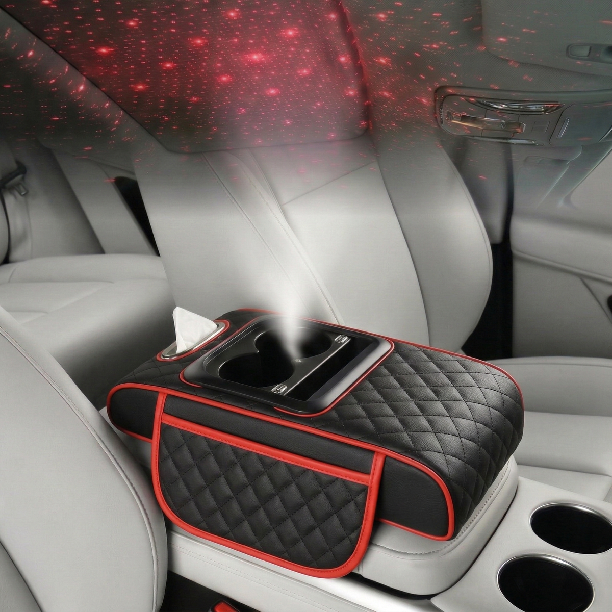 Car Armrest with Cup Holder, USB Charging & Laser Star Light