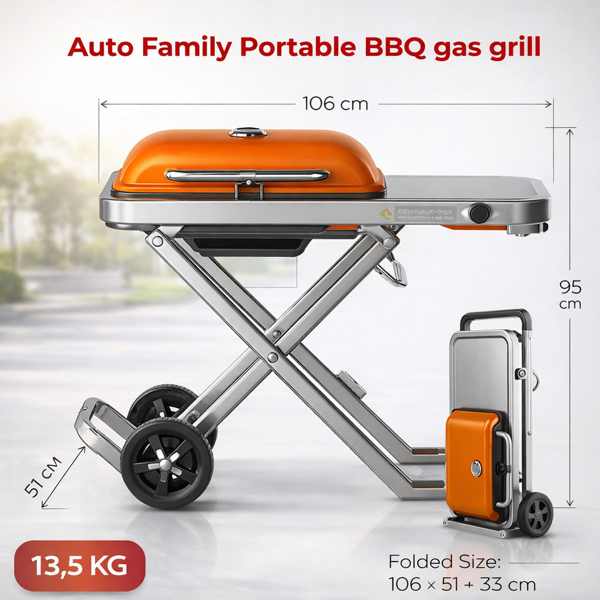 Premium Portable BBQ Gas Grill with Foldable Stand & Wheels