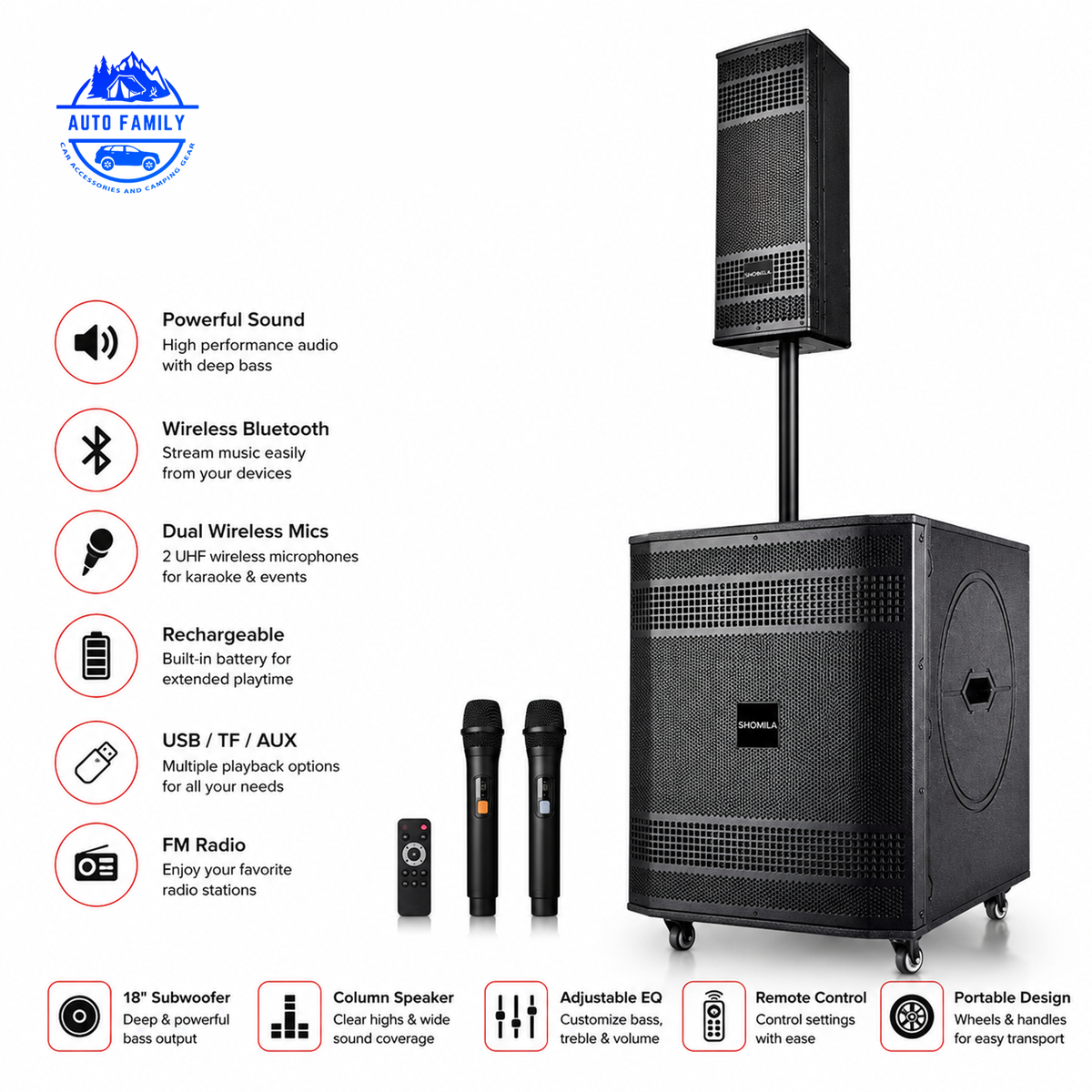 Portable Bluetooth Speaker with Wireless Microphone & Remote