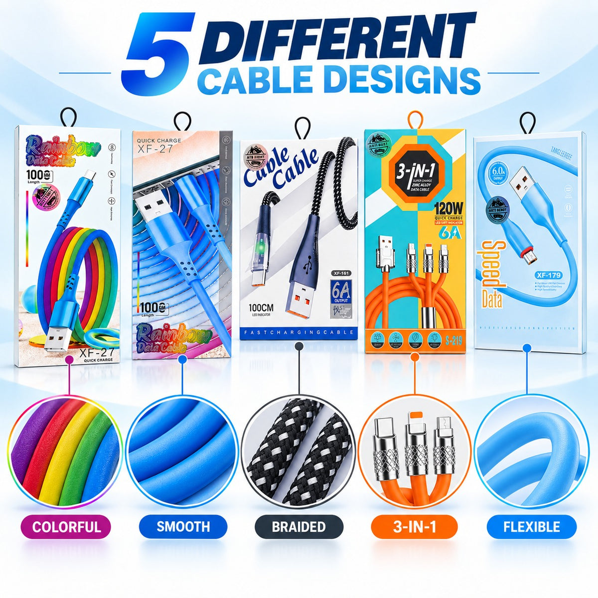 Pack of 5, USB Fast Charging Data Cable