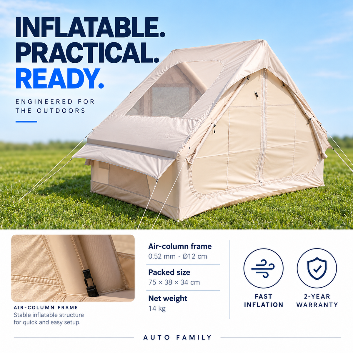6.3m² Inflatable Camping Tent for 6–7 People, 210D Oxford Fabric Air Tent