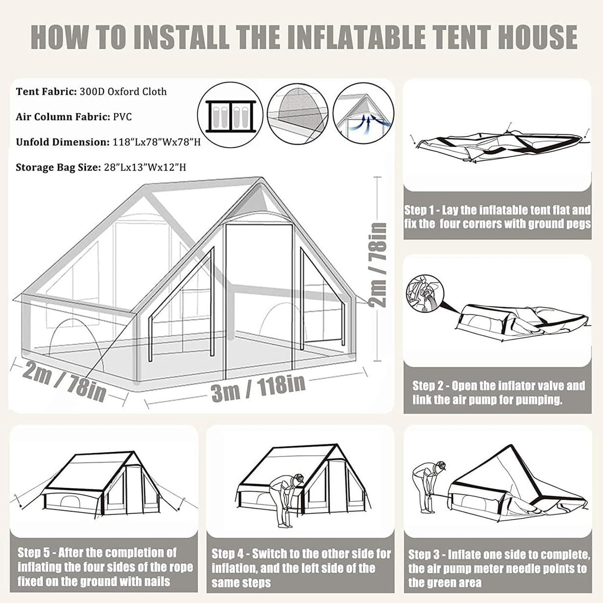 6.3m² Inflatable Camping Tent for 6–7 People, 210D Oxford Fabric Air Tent