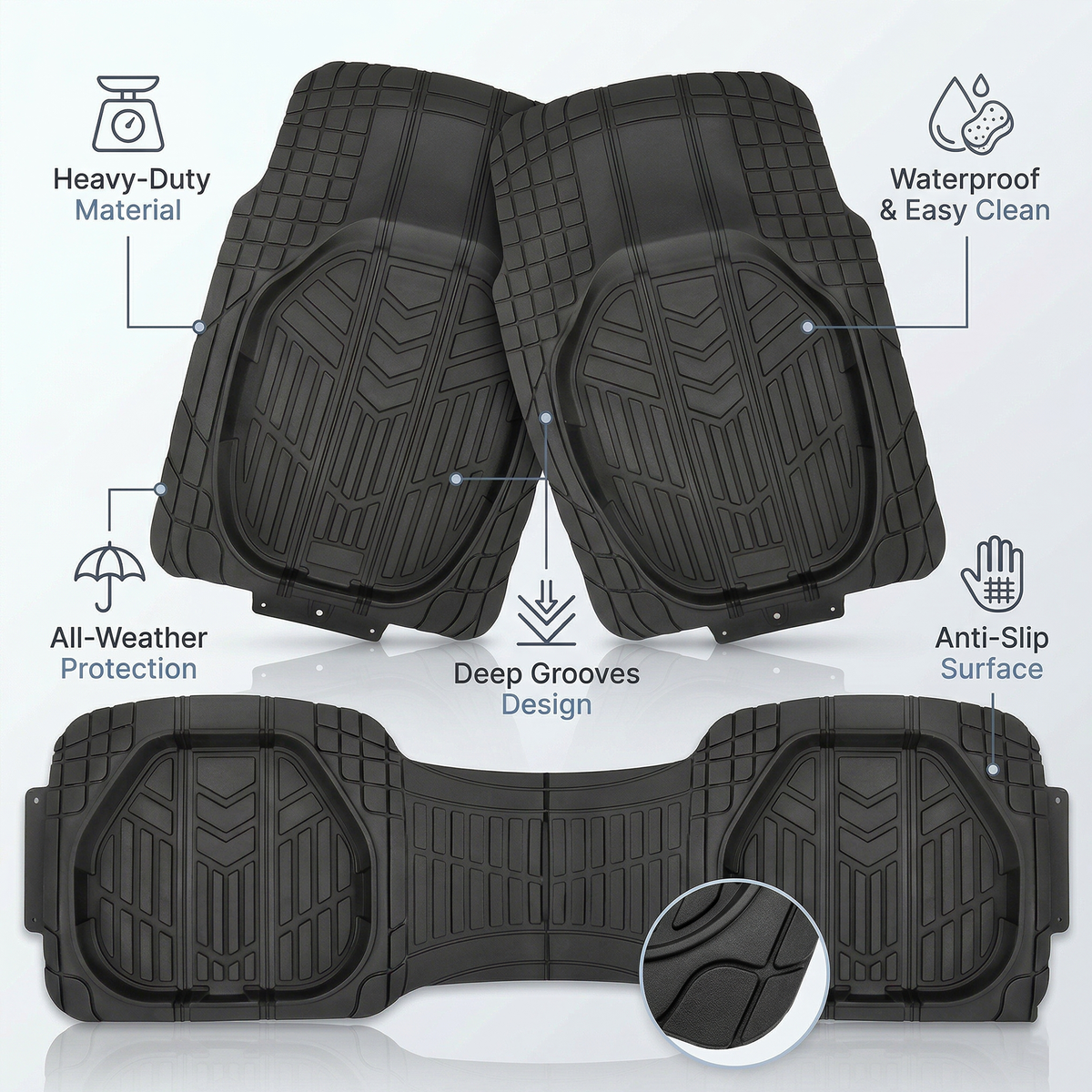 Premium Rubber Car Foot Mats, 78 * 54cm 3 Pcs Set