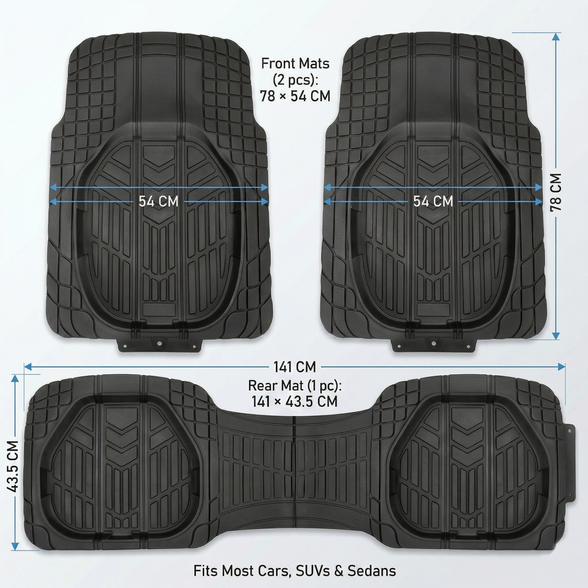 Premium Rubber Car Foot Mats, 78 * 54cm 3 Pcs Set