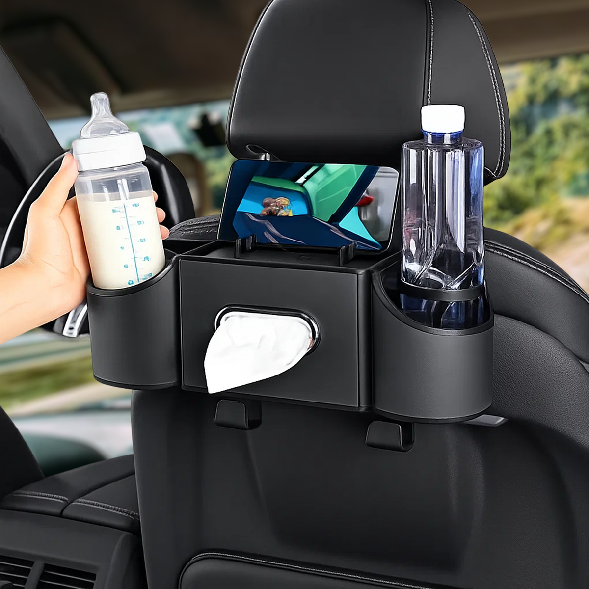 Car Back Seat Organizer with Cup Holders & Tissue Box