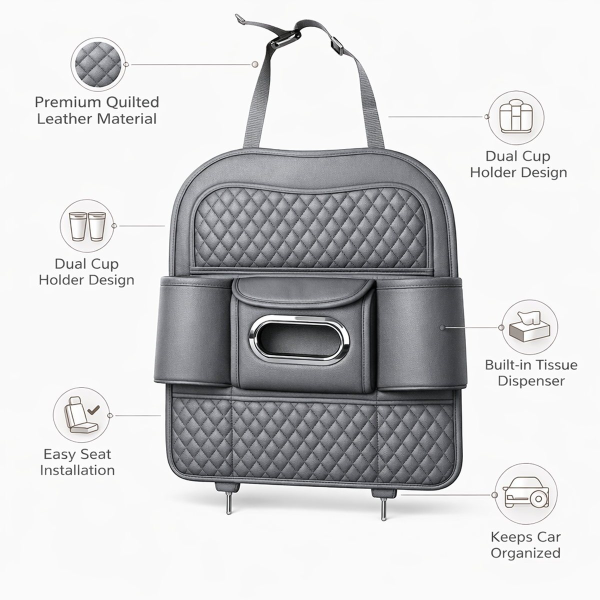Car Back Seat Organizer with Tissue Box Holder & Cup Holders
