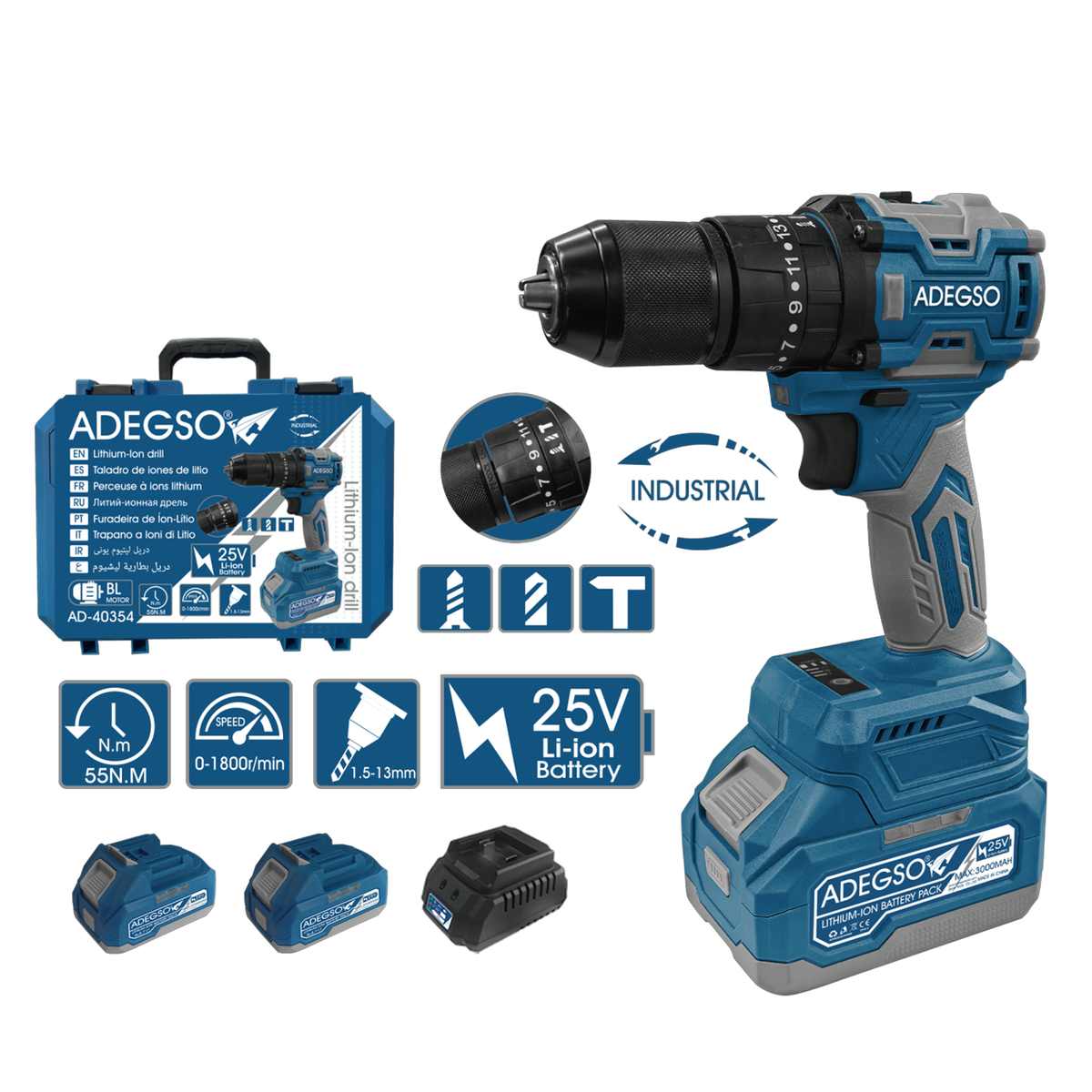 Lithium-Ion Drill Set, 25V Li-Ion Battery, 1800 RPM