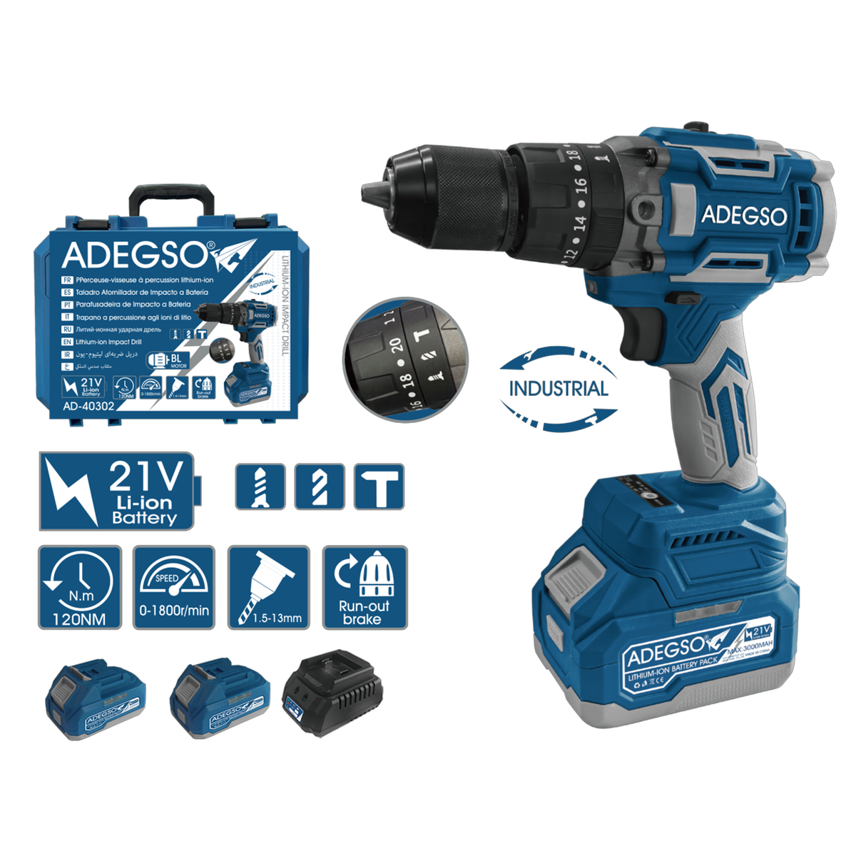 Lithium-Ion Electric Drill Set, 21V Li-Ion Battery, 120Nm