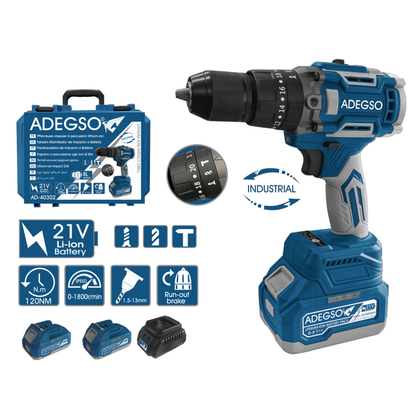 Lithium-Ion Electric Drill Set, 21V Li-Ion Battery, 120Nm