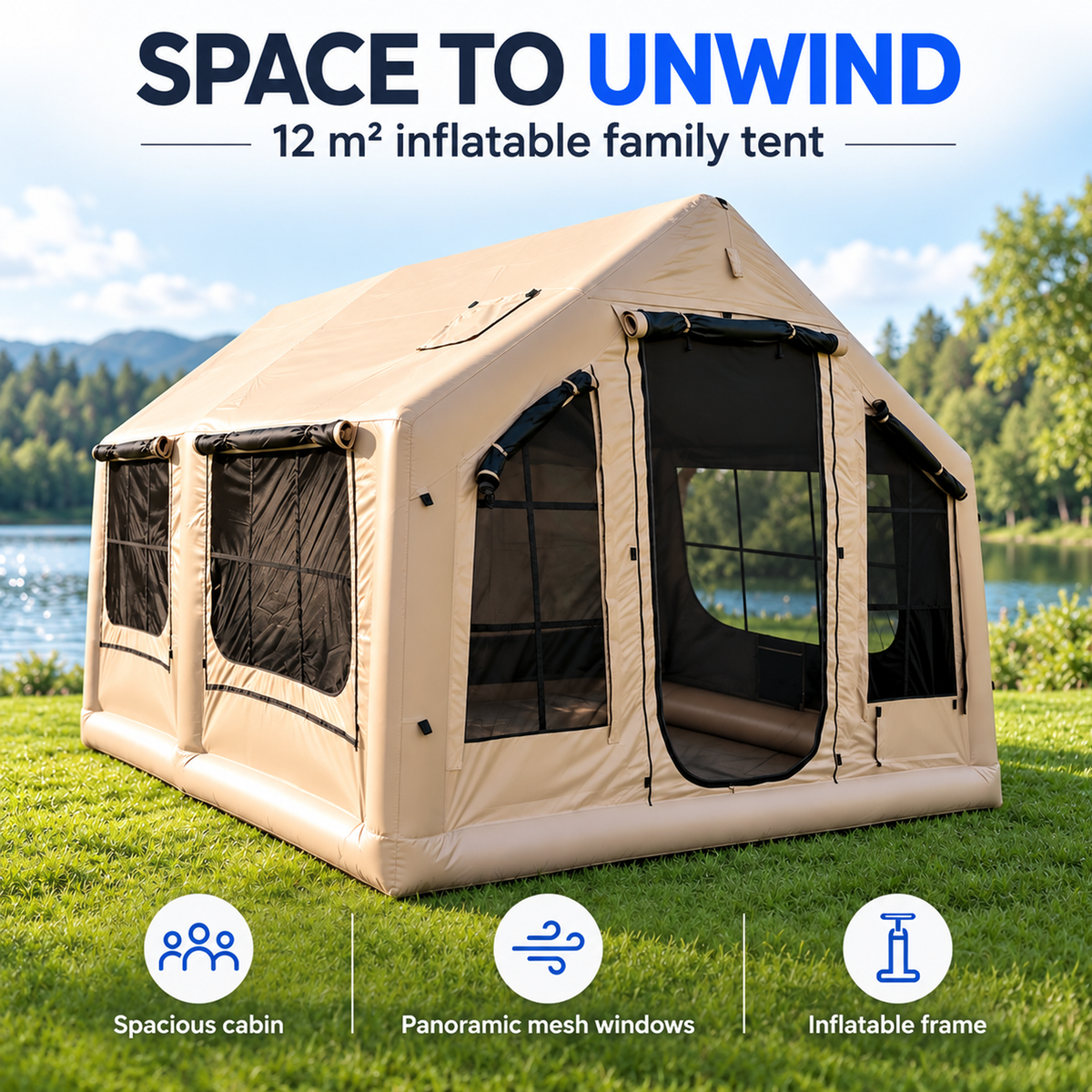 12m² Large Inflatable Camping Tent for 11–12 People, 210D Oxford Fabric Air Tent