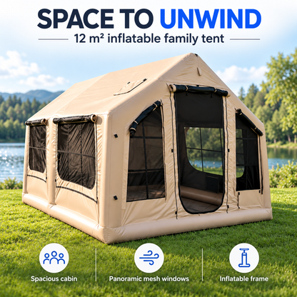 12m² Large Inflatable Camping Tent for 11–12 People, 210D Oxford Fabric Air Tent