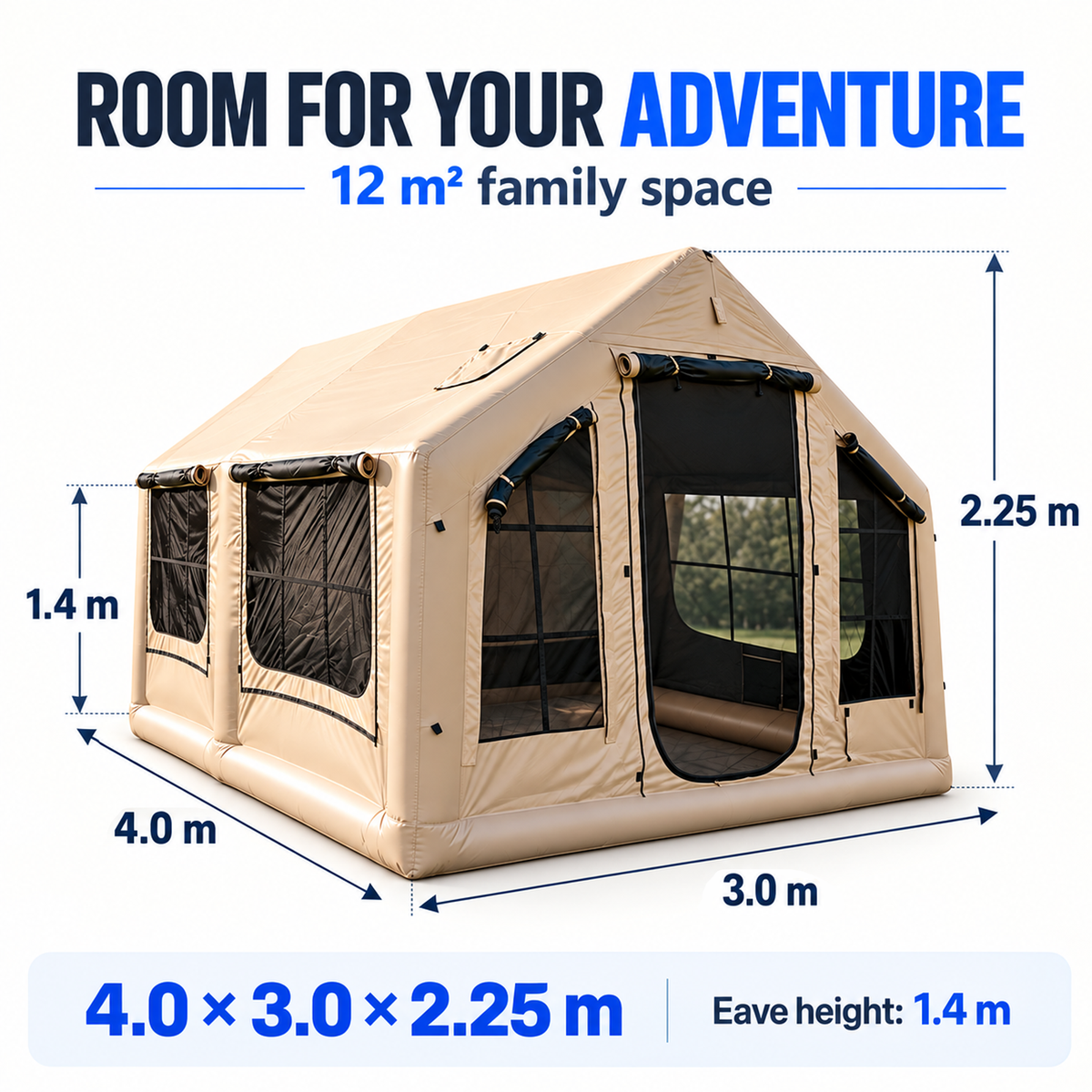 12m² Large Inflatable Camping Tent for 11–12 People, 210D Oxford Fabric Air Tent