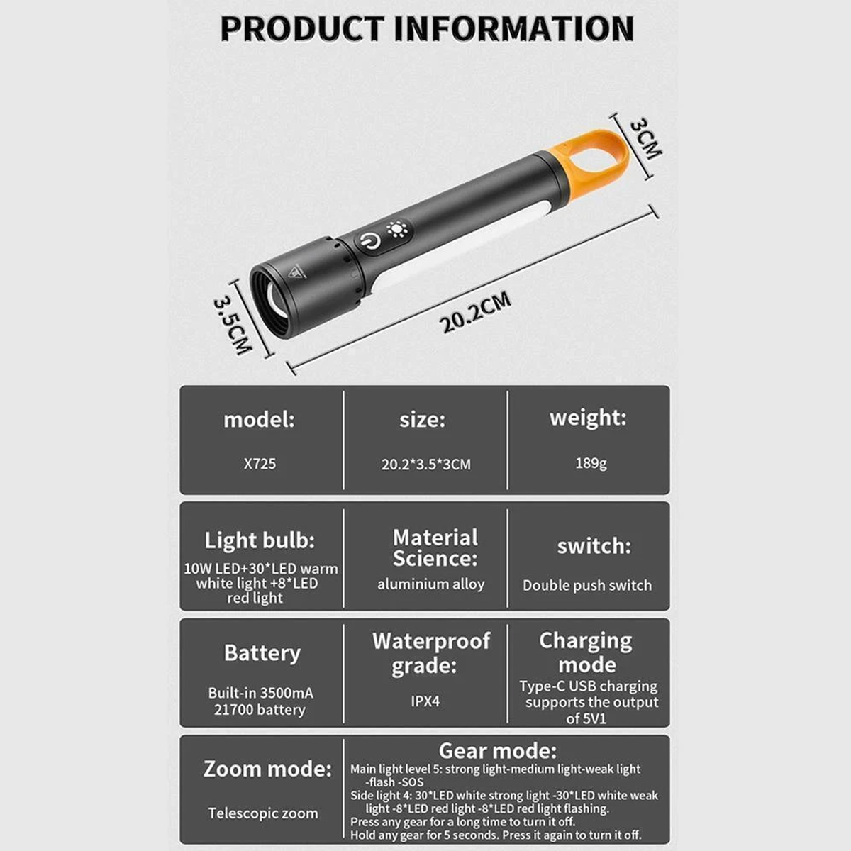 Rechargeable Outdoor Flashlight with COB Sidelight