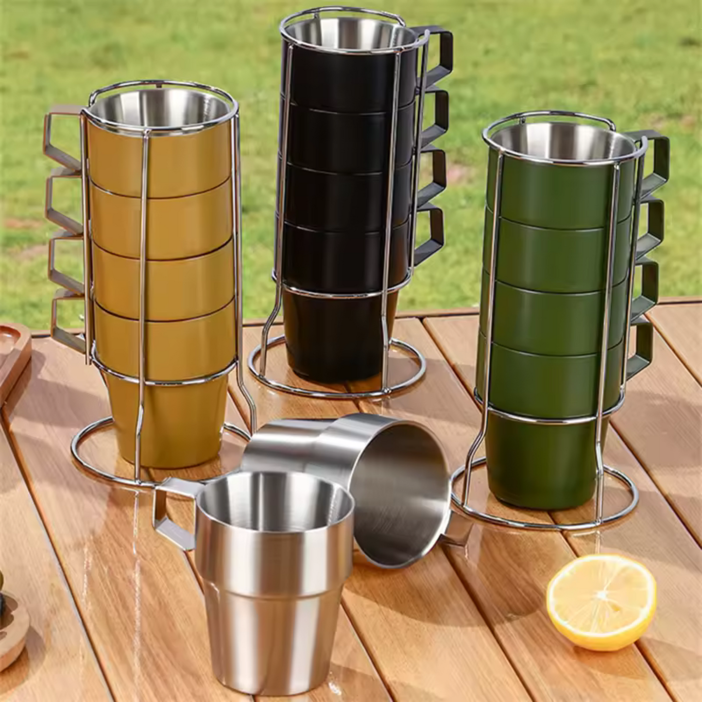 Stackable Stainless Steel Mug Set with Metal Stand