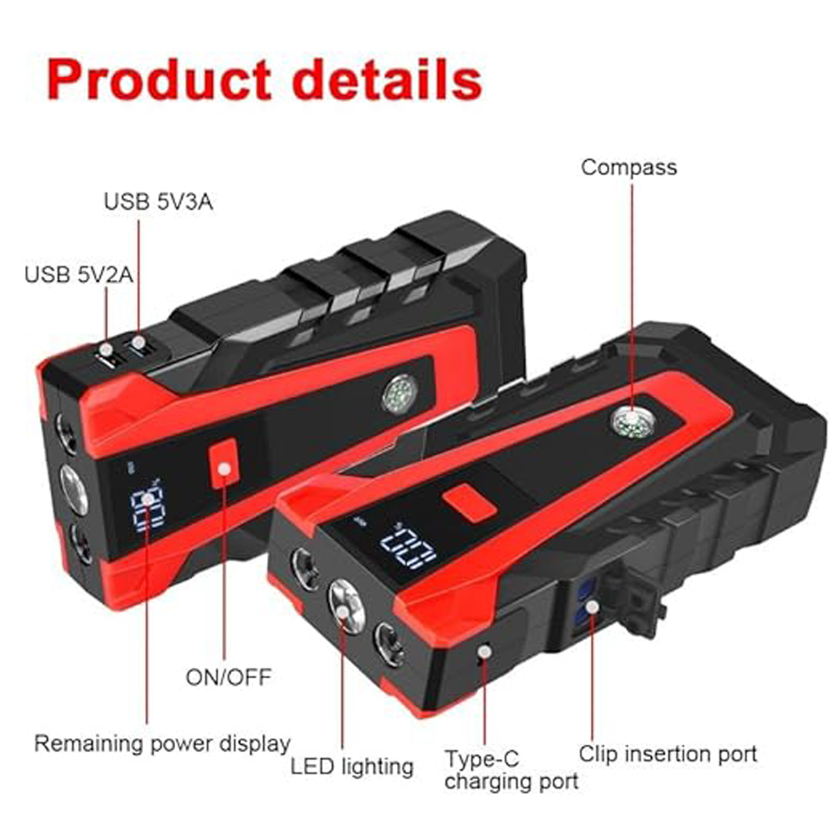 3-in-1 Portable Car Jump Starter with Power Bank & LED Flashlight