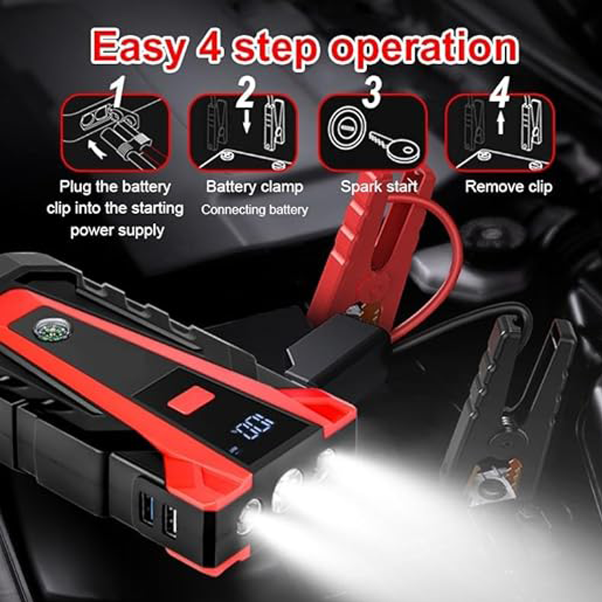 3-in-1 Portable Car Jump Starter with Power Bank & LED Flashlight